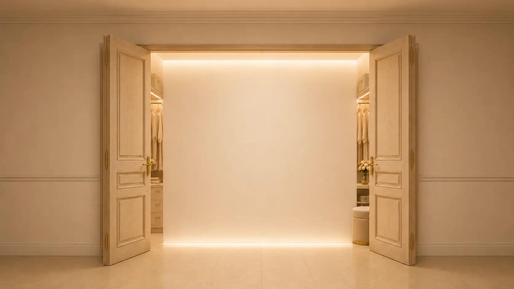 A softly lit dressing room framed by walnut doors, glowing with warm candlelight.