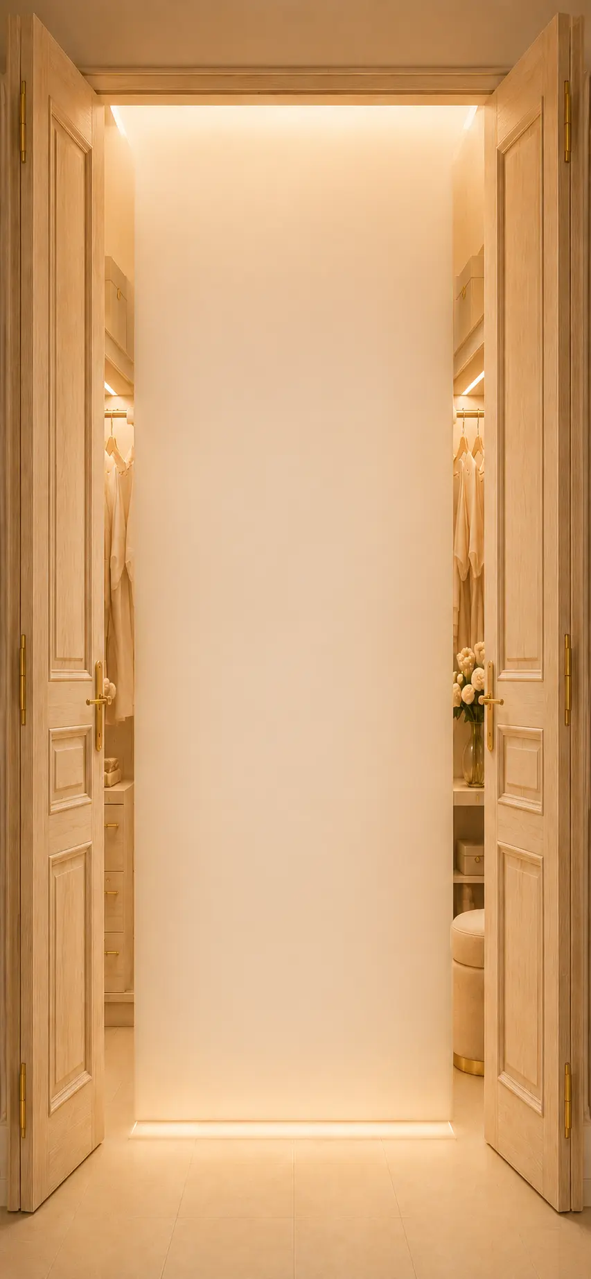 A softly lit dressing room framed by walnut doors, glowing with warm candlelight.
